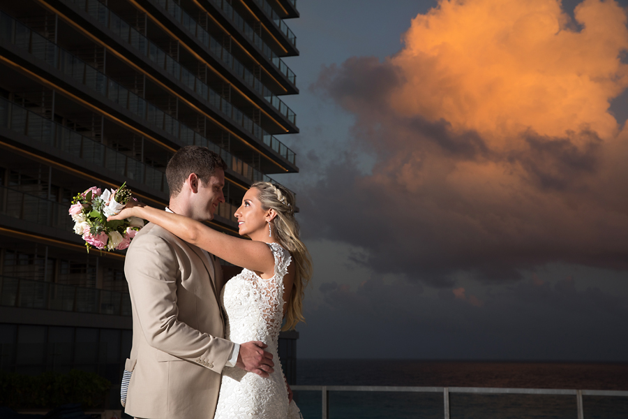 Bride and Groom at sunset at Secrets the Vine, Cancun